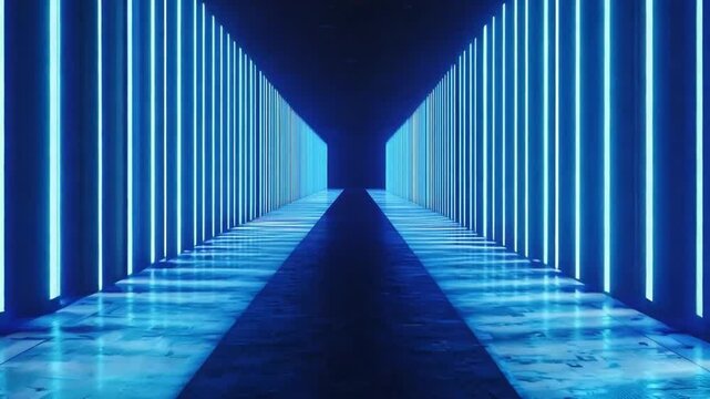 Illuminated Corridor: An immersive perspective of a modern, minimalist space, featuring long, parallel lines of glowing blue lights that guide the eye into a distant perspective.