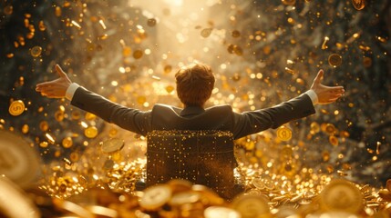 Businessman celebrates success while seated in an armchair atop a mountain of gold coins with coins falling around