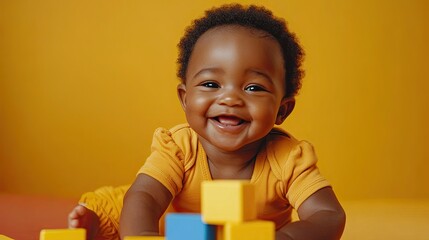 Adorable black baby playing with stacking blocks, showcasing developmental milestones and the joy of learning in early childhood, with vibrant colors and playful elements. -