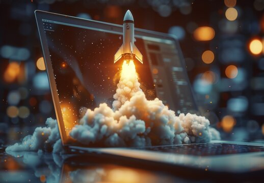 Rocket launch from an open laptop symbolizes rapid web design development using advanced technology