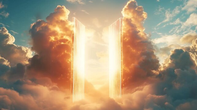 The gate from heaven that opened in the sky to receive new souls, parting the clouds, a glowing, powerful heavenly gate that shines incredibly in God's glory.
