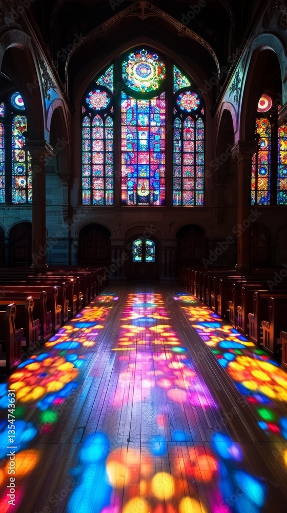 Poster stained glass windows create colorful patterns in a tranquil synagogue setting during daylight hours