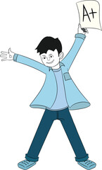 A happy young student or boy holding mark sheet or test paper in excitement showing excellent result of A+ grade, waving hand in air A plus score are display, open shirt button, transparent background