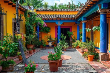 Obraz premium Vibrant traditional Mexican house with a colorful courtyard filled with plants and flowers in a sunny setting