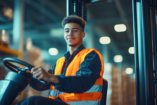 Smiling young forklift operator in safety vest working confidently inside modern warehouse distribution center with blurred background