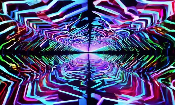A vast, endless labyrinth of glowing infinity mirrors stretches into the horizon, reflecting a never-ending cascade of shifting neon colors. The reflections distort and transform