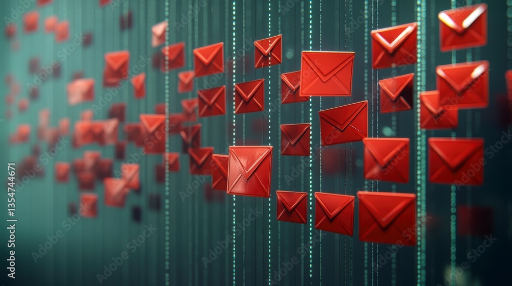 Aufkleber abstract digital illustration of numerous red email envelopes flowing downwards, representing data s