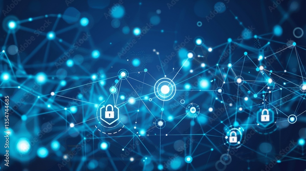 Poster explore the dynamic world of cybersecurity with a blue digital backdrop featuring padlock icons and 