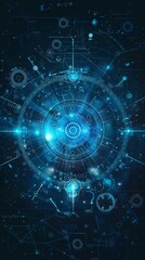 Innovative technological design with gears and people icons creating a digital landscape in blue on a dark background