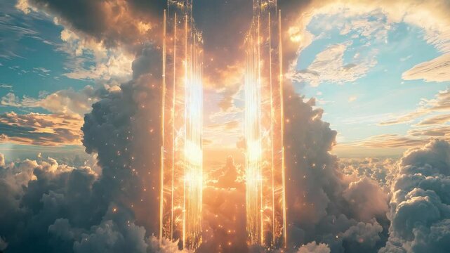 The holy gate that leads to war, a gate connected to the Biblical paradise in Christianity, a gate that opens to receive new souls into battle, shining with God's power.