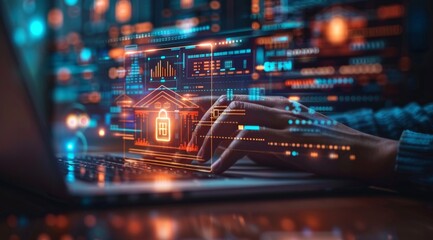 Obraz premium Futuristic digital marketing concept featuring businessman interacting with laptop and virtual bank icon on dark background