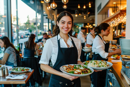 Smiling waitress holding two plates of food in a modern, warmly lit and busy restaurant interior during dinner service