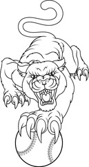 Black panther leopard holding a baseball softball ball with sharp claw sports team mascot design.