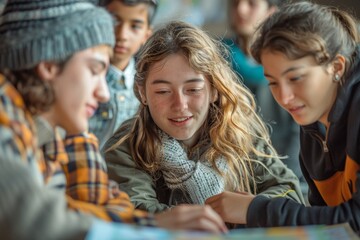 Fototapeta premium Students from diverse backgrounds collaborate on global project to enhance intercultural understanding and teamwork skills