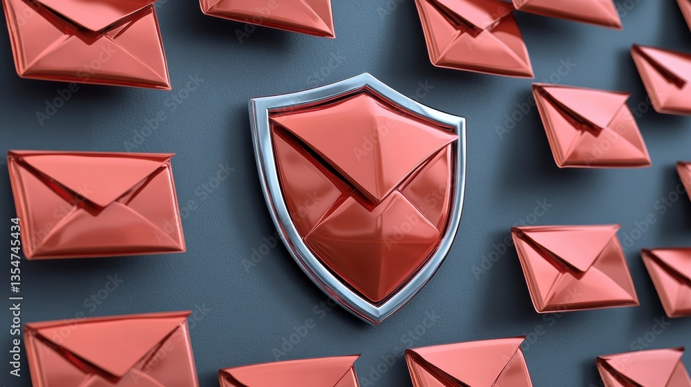 Poster red email envelopes surrounded by a protective shield, symbolizing email security and data protectio