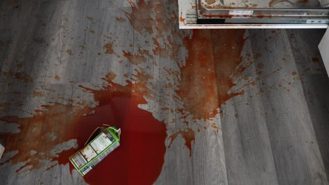 A messy spill covers the kitchen floor. Something dropped and splattered everywhere &mdash; pure chaos on the ground, with stains and puddles left behind.