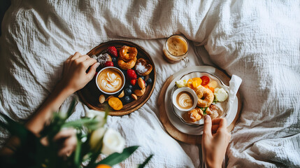 enjoying a homemade breakfast in bed with coffee and fresh pastries 