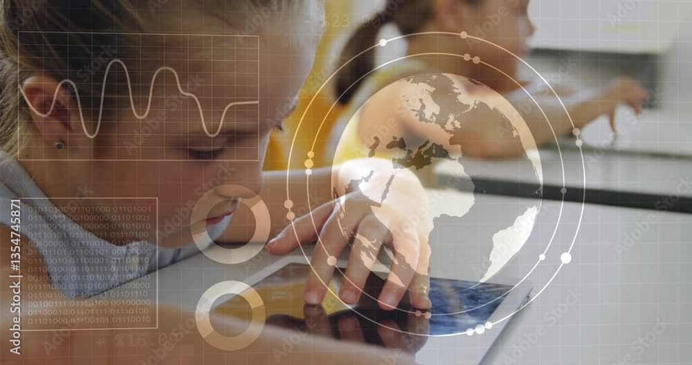 Poster in school, child using tablet with animation of digital globe and data graphics