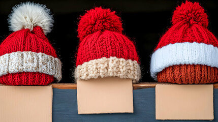 Three handcrafted winter beanies with pom-poms displayed on a shelf with blank tags. Perfect for holiday or winter-themed designs.