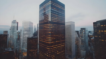 Stunning aerial cityscape at dusk, showcasing modern skyscrapers with illuminated windows, creating a vibrant urban panorama.