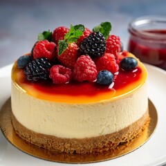 A creamy cheesecake with a golden graham cracker crust sits on a white plate, topped with fresh berries and a drizzle of sweet berry sauce