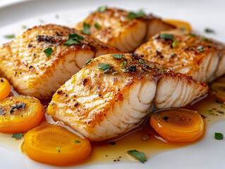 a plate of seared fish fillets topped with a sauce, garnished with herbs and sliced vegetables. The fish has a crispy, browned exterior, and the dish appears to be a gourmet preparation.