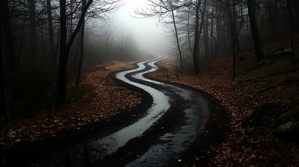 Fototapeta premium Winding road through a misty forest (1)