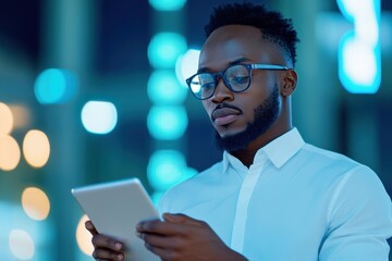 finance technology, an african financial analyst in a modern office, using a tablet to review market data with glowing charts and graphs on large monitors behind