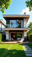 Fototapeta premium Modern two story house with garden and patio furniture, real estate, outdoor
