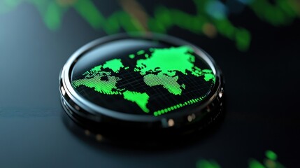 finance market trends, a contemporary market website banner featuring animated blue and green financial charts, a digital world map, and real-time values ticker tape