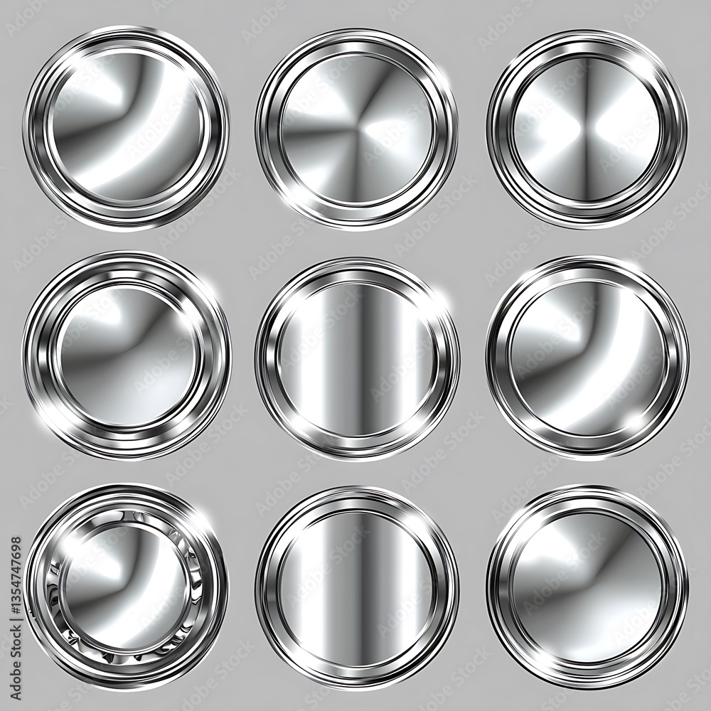 Poster nine circular metallic elements arranged on a uniform gray background