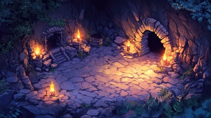 Cave Campfire Nighttime Scene