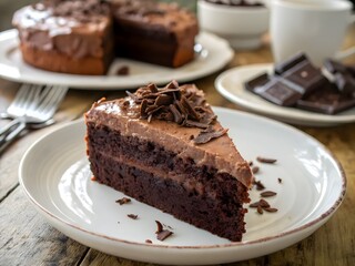 Plate with a slice of tasty homemade chocolate cake, placed on the table, showcasing its rich texture and delicious appearance."