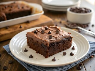 Plate with a slice of tasty homemade chocolate cake, placed on the table, showcasing its rich texture and delicious appearance."