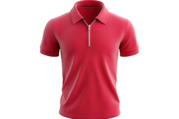 A red polo shirt with a zipper on a black background is displayed in a studio shot image view