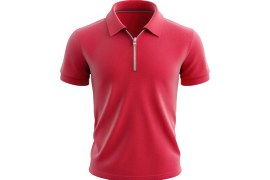 A red polo shirt with a zipper on a black background is displayed in a studio shot image view