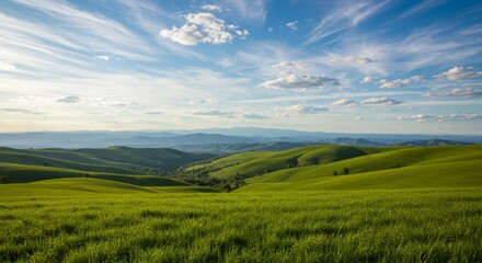 Obraz premium Beautiful landscape shows vast green hills and a cloudy blue sky above