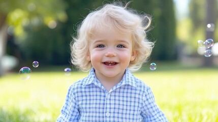 Happy toddler playing with bubbles in a park