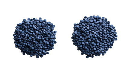 Two dark-blue, round piles of small, textured pellets