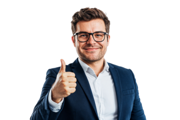 Smiling businessman with glasses showing thumb up sign, isolated on transparent background