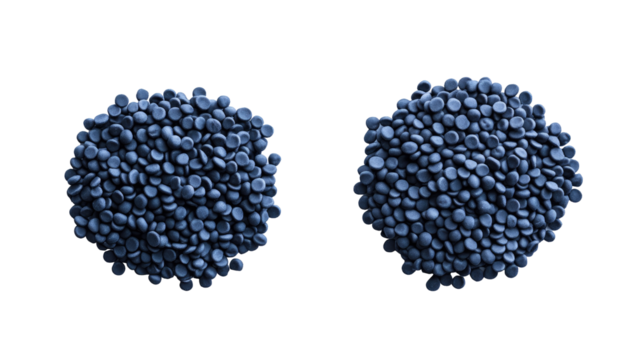 Two dark-blue, round piles of small, textured pellets