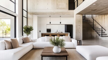 A brutalist home with a contrast of raw materials and plush furnishings