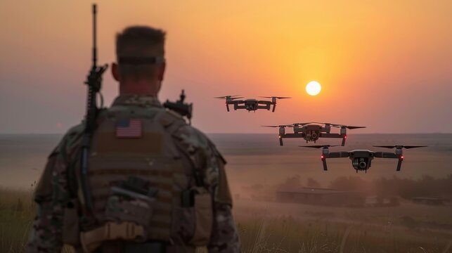 Silhouette of a soldier commanding drones for military operations and reconnaissance missions