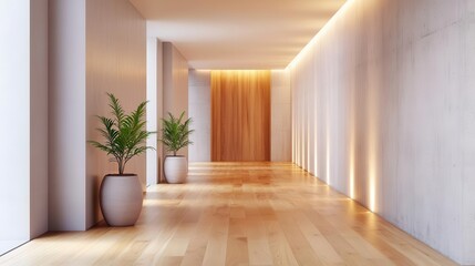 A brutalist-inspired hallway with warm wooden flooring and soft lighting