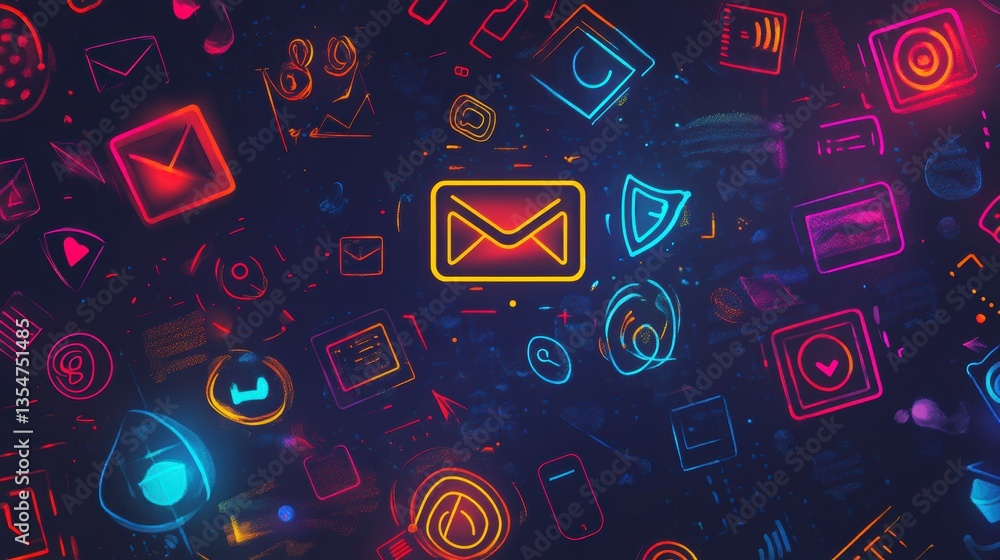 Poster Abstract digital communication network with glowing icons, representing emails, notifications, and data flow.