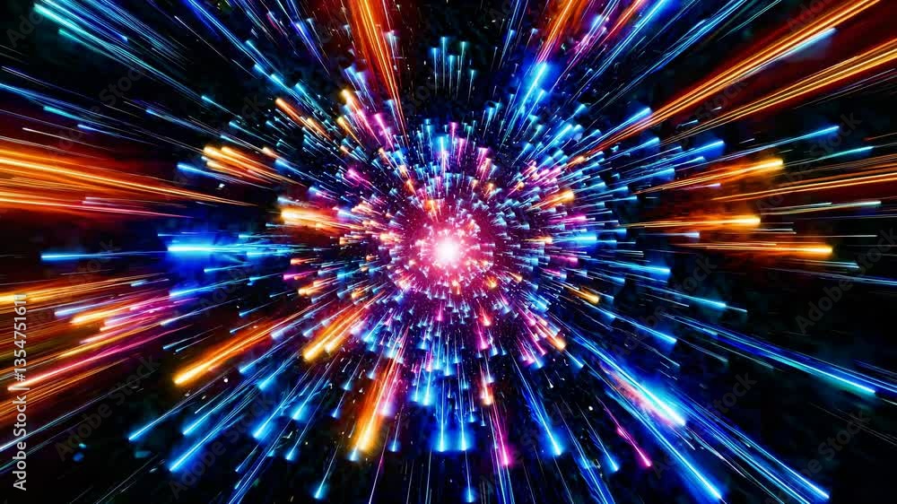 Poster dynamic burst of colorful light streaks in a radial pattern, resembling a cosmic explosion. captured