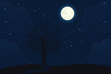 Starry Night Landscape with Moon and Tree Flat Vector Illustration.