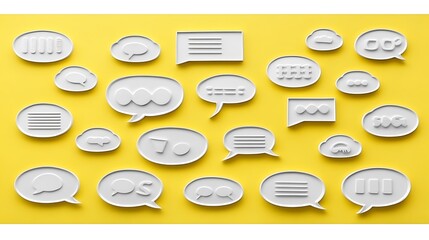 White speech bubbles on yellow background.