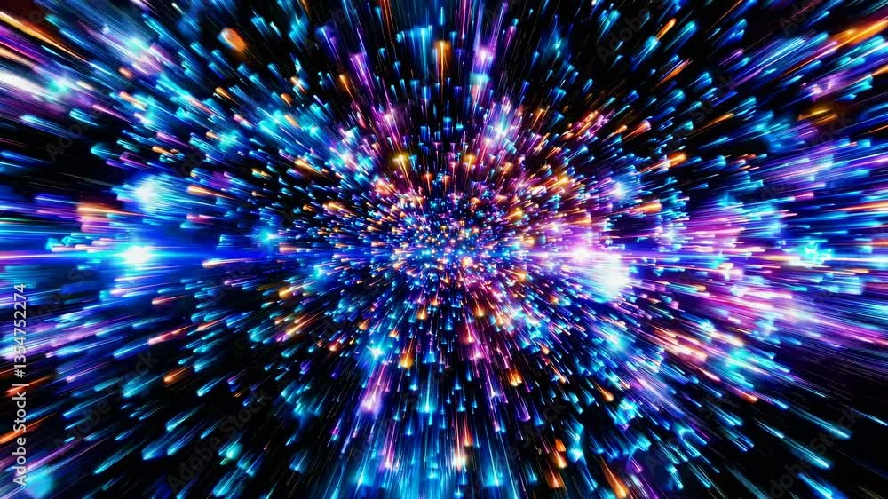Poster dynamic video concept of a cosmic explosion with vibrant colors and particles, captured from a centr