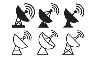 Collection of Simple Satellite Dish Antennas, Satellite dish icons collection in Filled flat and thin line style